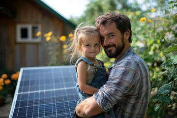 Father and his little daughter carrying a solar panel in their backyard, promoting alternative energy, resource conservation, and a sustainable lifestyle, Generative AI