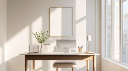 Bright Desk with Frame Mockup and Computer, homeoffice , workspace