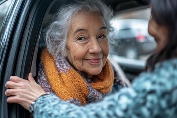 Senior lady receiving assistance from a caregiver as she gets out of the car, holding her hands to provide support, helping her stand up from the back seat, Generative AI