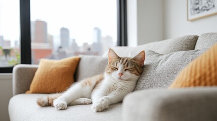 Obraz na płótnie Canvas Content Cat Nap Relaxed Tabby on Modern Sofa with City View, Pets, Comfort