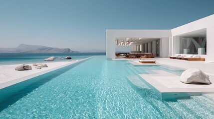 Fototapeta premium Modern White Villa with Infinity Pool by the Sea / 海に溶け込む白いヴィラとインフィニティプール