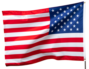 Waving national banner displaying vibrant red and white stripes alongside a field of white stars.