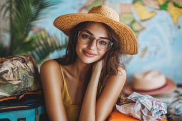 Beautiful woman planning a summer vacation abroad, packing a suitcase and preparing for her solo adventure, Generative AI