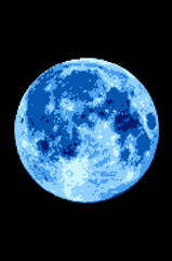 A stunning pixel art illustration of a glowing blue moon set against a deep black sky.
