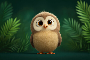 Fototapeta premium Cute animated owl character magical forest digital art vibrant greenery close-up adorable wildlife illustration for children’s media