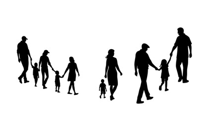 Obraz premium Silhouettes of two families standing together, parents holding children’s hands, black shadow style on white background,