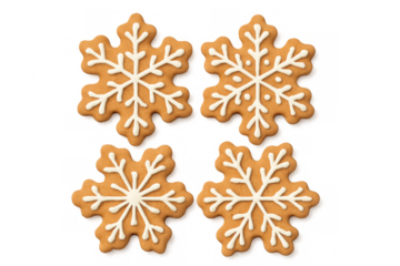 Homemade gingerbread cookies featuring intricate white snowflake icing patterns against clean transparent surface
