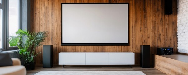 Home Theater Setup with Projector Screen, Wooden Wall and Modern Design, home decor, interior design