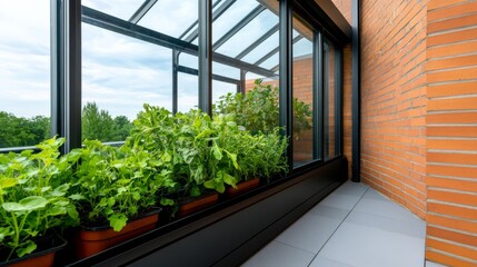 Indoor Garden with Brick Wall and Glass Roof, Plants, Greenhouse
