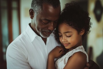 Mature father and his small daughter standing indoors at home, sharing a tender moment of love and connection, holding and hugging each other, Generative AI