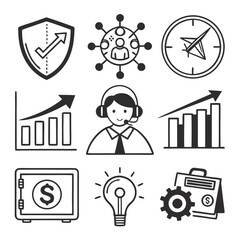 A collection of business icons representing various aspects of financial and corporate success