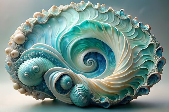 A mesmerizing fractal-inspired artwork resembling a fantastical seashell, with swirling textures, fluid curves, and iridescent tones in turquoise, teal, ivory, and pearl.
