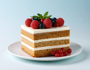 Layered Berry Cake on Ceramic Plate with Colorful Gradient Background. 