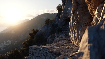 Rocky path clings to cliffside overlooking misty, sunlit mountains at golden hour