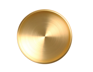A radiant circular golden object displays a captivating brushed metal with a central highlight.