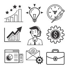 Diverse business concept symbols: Success, time, and teamwork elements in a graphic illustration