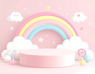 Pastel Rainbow Stage with Clouds, Stars, and Lollipops on Pink Background