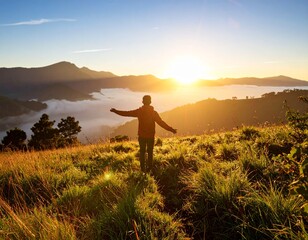 Silhouette of a person with open arms admiring the sunrise over a mountain range.