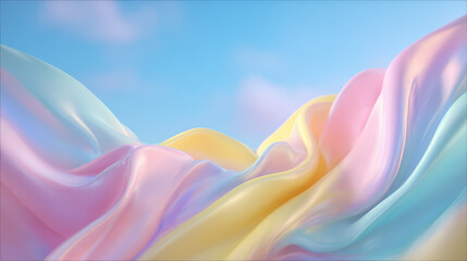 Dreamy Fabric in the Sky: Swirling, pastel-colored fabric billows gracefully against a serene sky, creating a sense of ethereal beauty and weightless flow. 