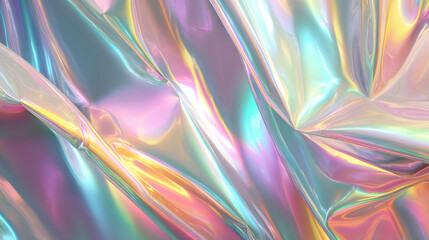 Fototapeta premium Abstract Iridescent Fabric: A captivating display of iridescent fabric, where light dances and refracts across the rippling surfaces, creating a dynamic interplay of colors and textures. 
