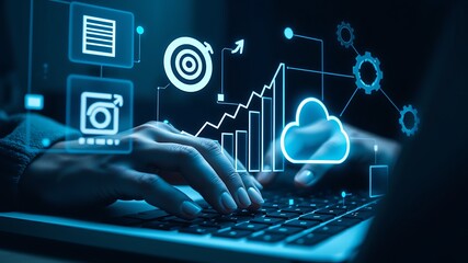Hands typing on laptop with digital data visualization technology analytics