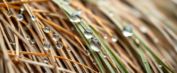 Close-up of water droplets clinging to vetiver thatch roof, texture, element