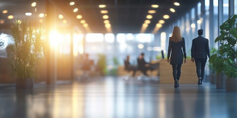 Business professionals walking in a modern office space during late afternoon with natural light streaming in