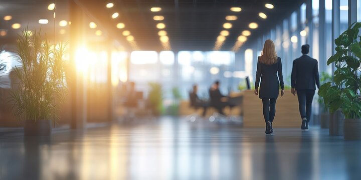 Business professionals walking in a modern office space during late afternoon with natural light streaming in