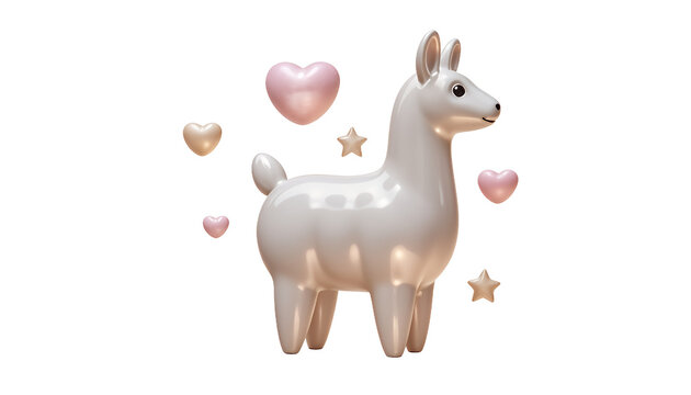 Glossy White Llama Surrounded by Pink Hearts and Stars on Transparent Background Cute 3D Render for Graphic Design Elements Cartoon Style Website Icons Festive Celebration