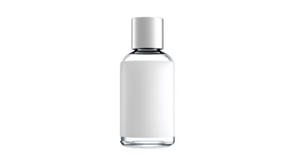Refined Glass Bottle with Silver Cap and Blank Label isolated On Transparent Png Background.