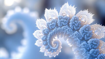 A close up of a fractal pattern with blue and white colors in a spiral shape on a blurred background