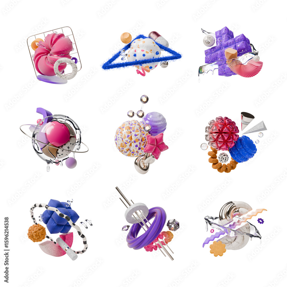 Fototapete 3d Realistic Detailed Multiple Abstract Geometric Composition with Flying Shape Rendered Illustration Isolated on a White Background