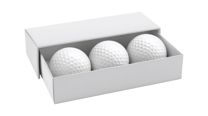 Three Golf Balls in a Presentation Box isolated On Transparent Png Background.
