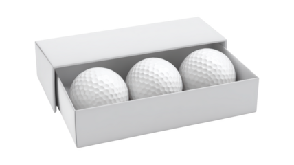 Three Golf Balls in a Presentation Box isolated On Transparent Png Background.