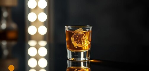 Golden tequila in shot glass, reflections on black surface, illumination, surface
