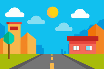 cartoon sunny day street with blue sky and white