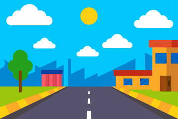 Naklejka premium cartoon sunny day street with blue sky and white
