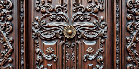 Intricate carved wooden door, aged patina, antique brass handle, SouthAsia, panel