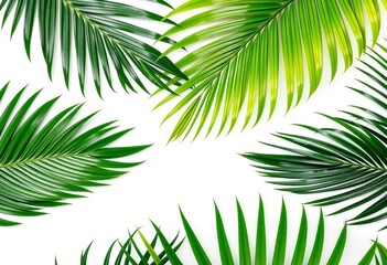 Obraz premium Lush green tropical palm leaves arranged on a pristine white background , plant, green