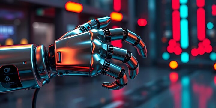 Metallic robotic hand with power cord, futuristic setting, AI concept,  power cord,  takeover