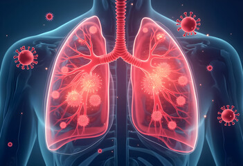 Visualization of human lungs affected by viruses, showing infections and inflammation in vibrant colors