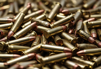 Various bullet cartridges scattered across a surface in close-up view highlighting metallic finishes and details