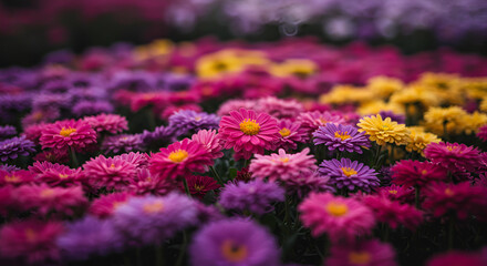 Vibrant field of colorful chrysanthemums in full bloom creating a floral tapestry
