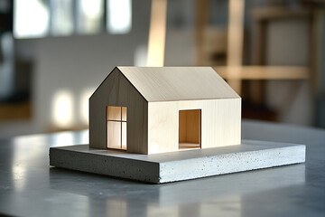 Wooden house model on concrete base architectural design home building