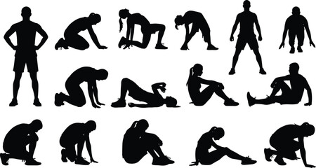 Exercise silhouette collection, fitness workout poses, stretching and yoga icons, physical activity illustration, health and wellness lifestyle image