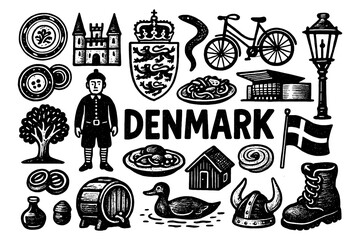 Denmark culture icons with Viking helmet, food, bicycle, and landmarks in hand-drawn style, Transparent Background