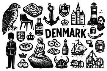 Danish culture icons with Little Mermaid, Viking ship, pastries, windmill, and landmarks in vintage hand-drawn engraving style, Transparent Background