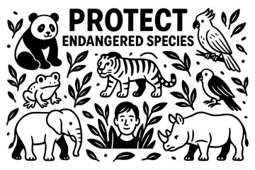 Hand-drawn endangered species awareness illustration set