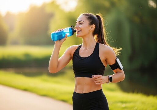 Fit Young Woman Drinking Water During Outdoor Run at Sunset