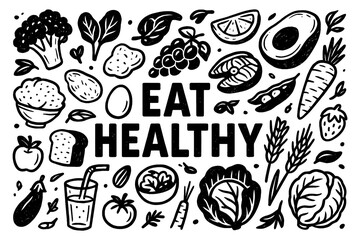 Hand-drawn healthy food and nutrition illustration set